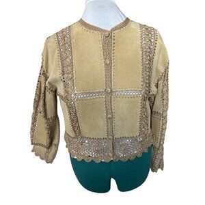 Vintage Overland Patchwork Cropped Jacket Women 8 Tan Suede Connected Crochet
